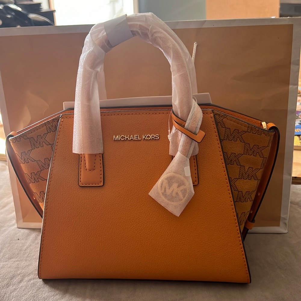 Michael Kors Avril Large Top Zip Satchel Crossbody Bag MK Yellow Honeycomb MK